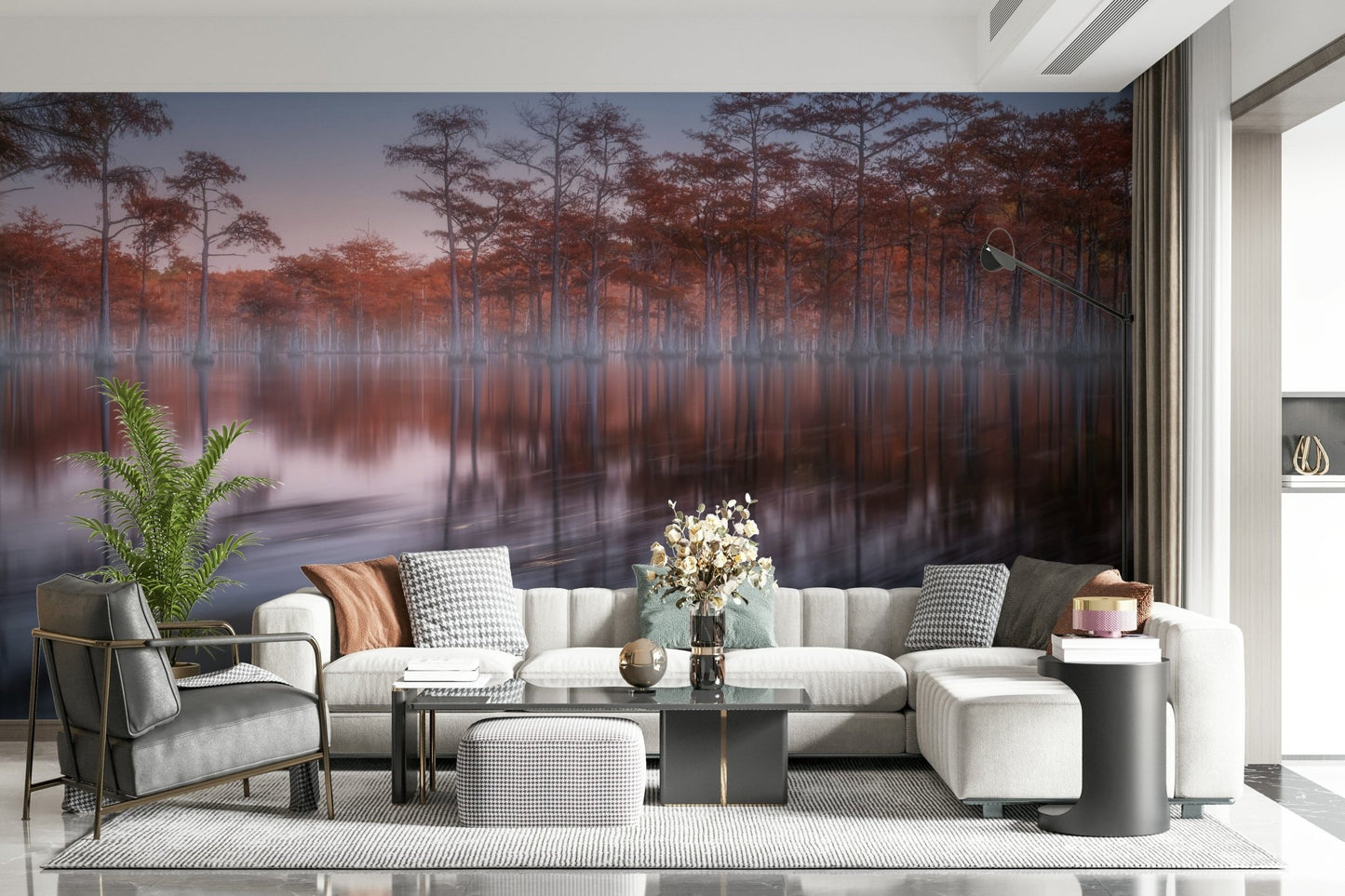 Foggy lake scene with cypress trees on Woodland Twilight Lagoon mural panel.