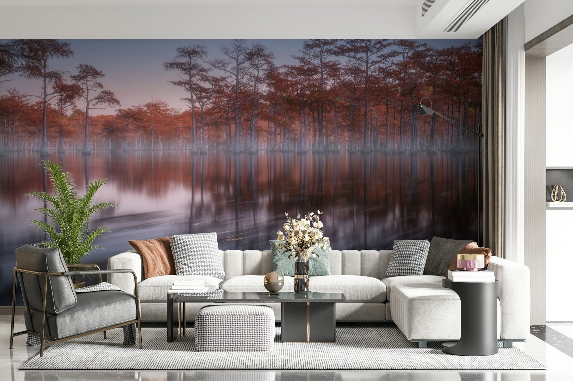 Foggy lake scene with cypress trees on Woodland Twilight Lagoon mural panel.