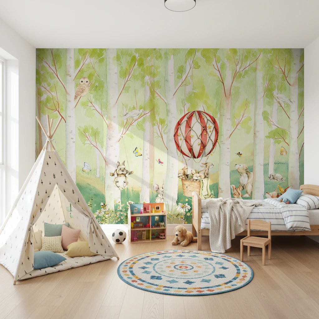 Woodland Whimsical Animals Balloon Ride wallpaper mural of birch forest and a red hot air balloon behind a white teepee and dollhouse