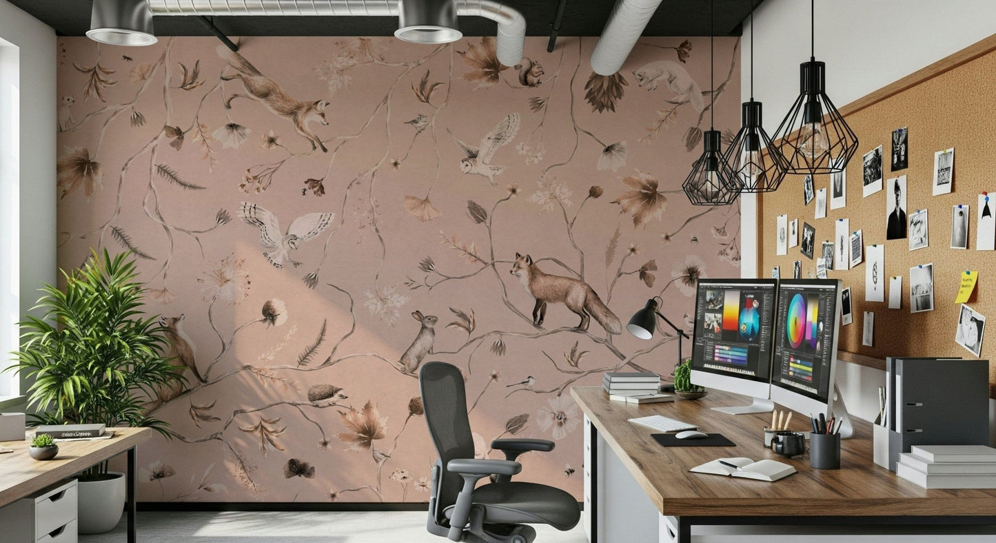 Elegant woodland mural with trees, greenery, and a peaceful forest atmosphere