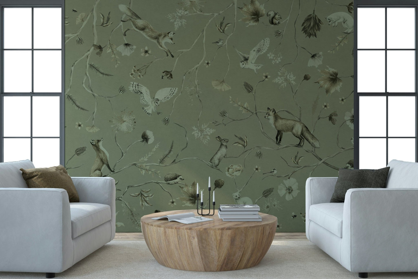 Whimsical wall art of woodland trees with soft greenery