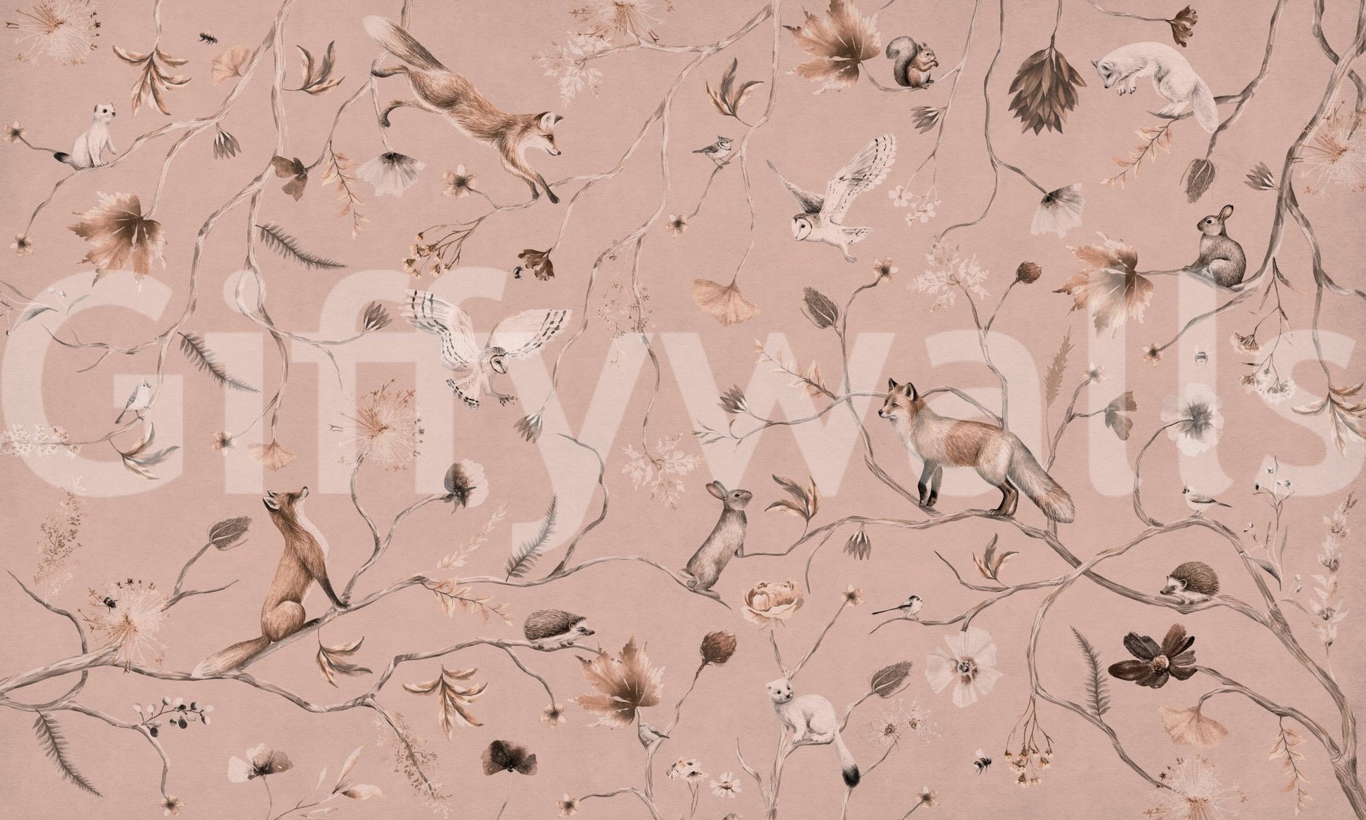 Woodland Whisper wall mural shown as a full-wall blush-pink scene of foxes, owls, squirrels and rabbits on branches