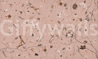 Woodland Whisper wall mural shown as a full-wall blush-pink scene of foxes, owls, squirrels and rabbits on branches