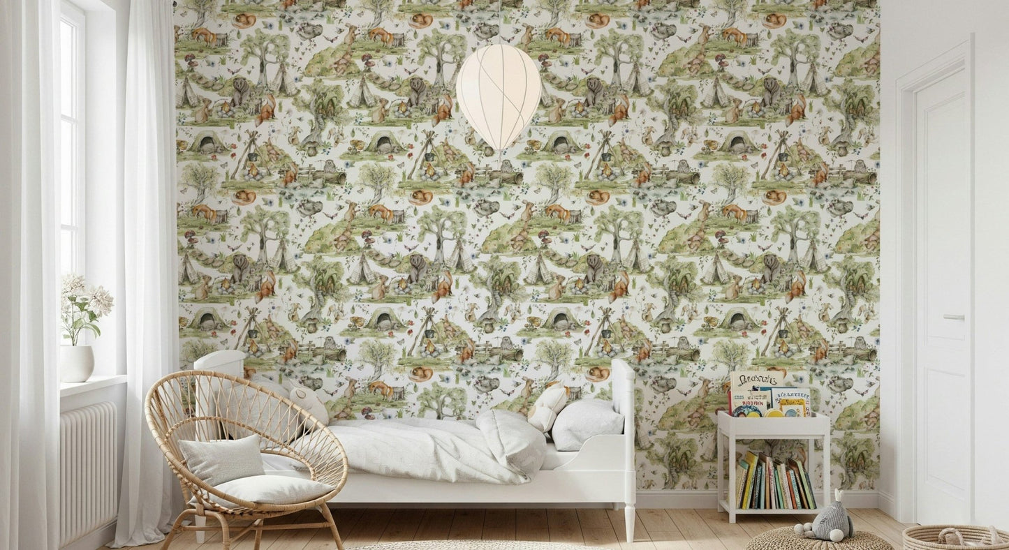 Charming wildlife wall mural: Watercolor art, forest den, tiny mushrooms, blooms.
