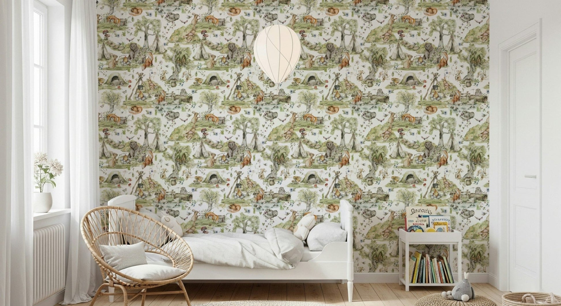 Charming wildlife wall mural: Watercolor art, forest den, tiny mushrooms, blooms.