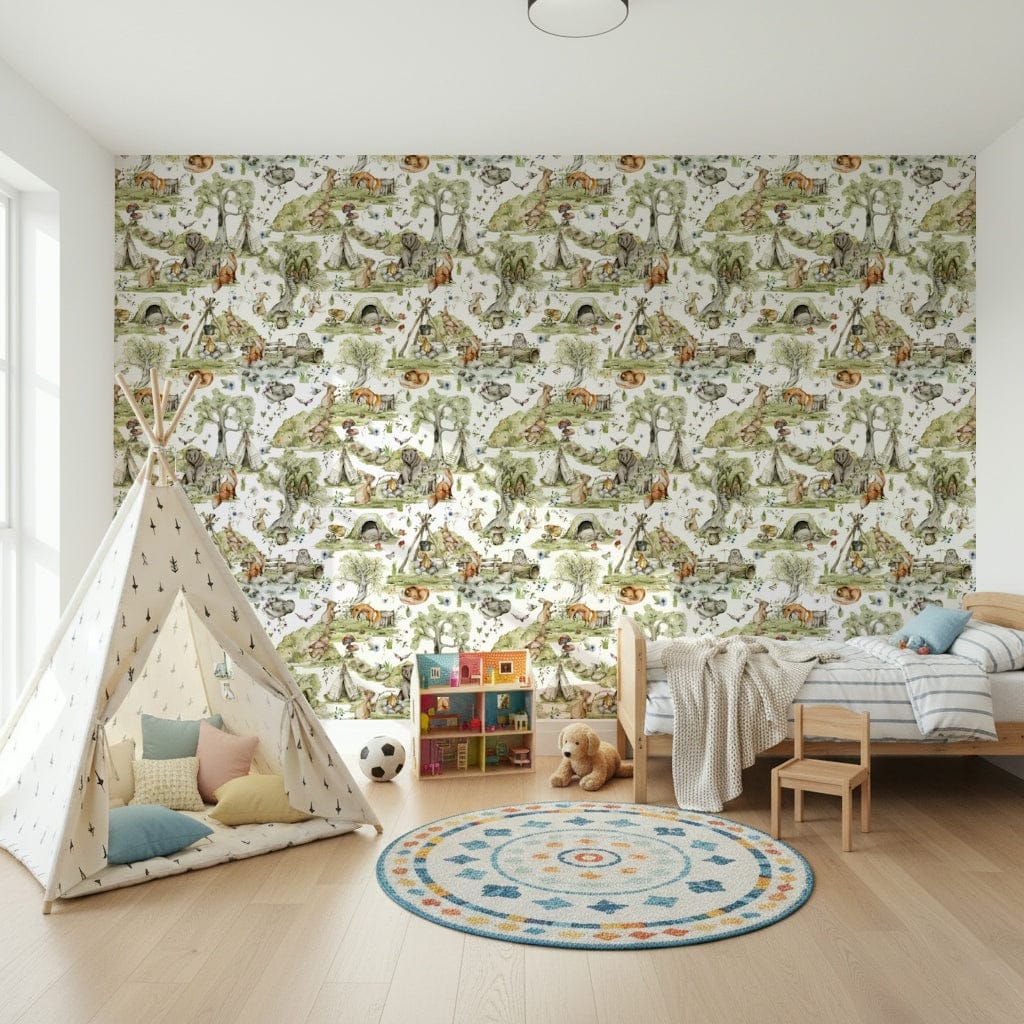 Cozy corner wallpaper for walls: Critters relaxing by stream, sweet drawing style.