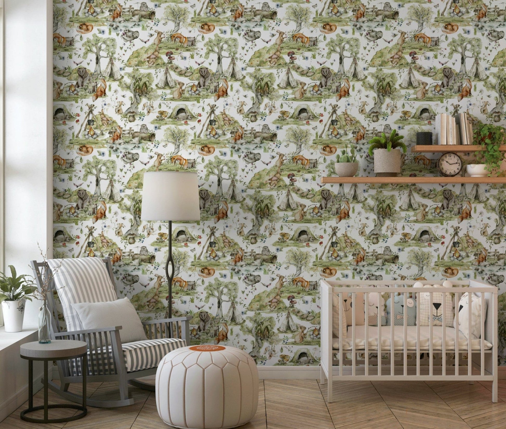 Playroom nature wall mural: Bear cub, fox sitting, rabbit holding stick, happy.