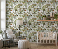Playroom nature wall mural: Bear cub, fox sitting, rabbit holding stick, happy.