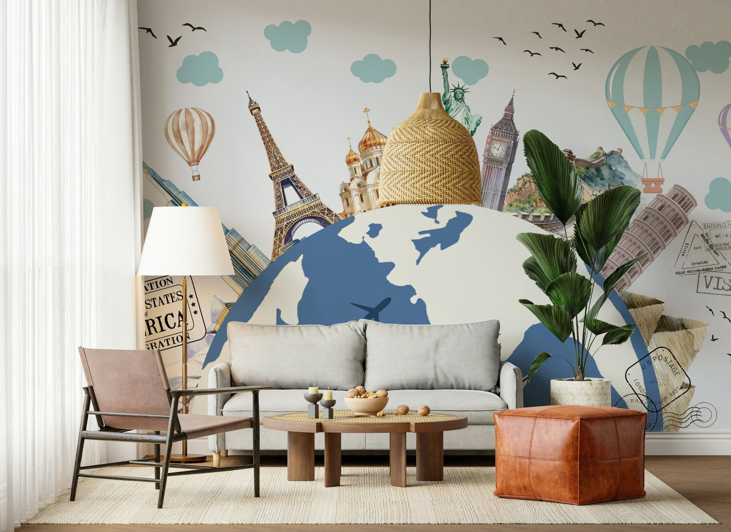 Close up of World Tour Wall Mural labels and antique style cartography.