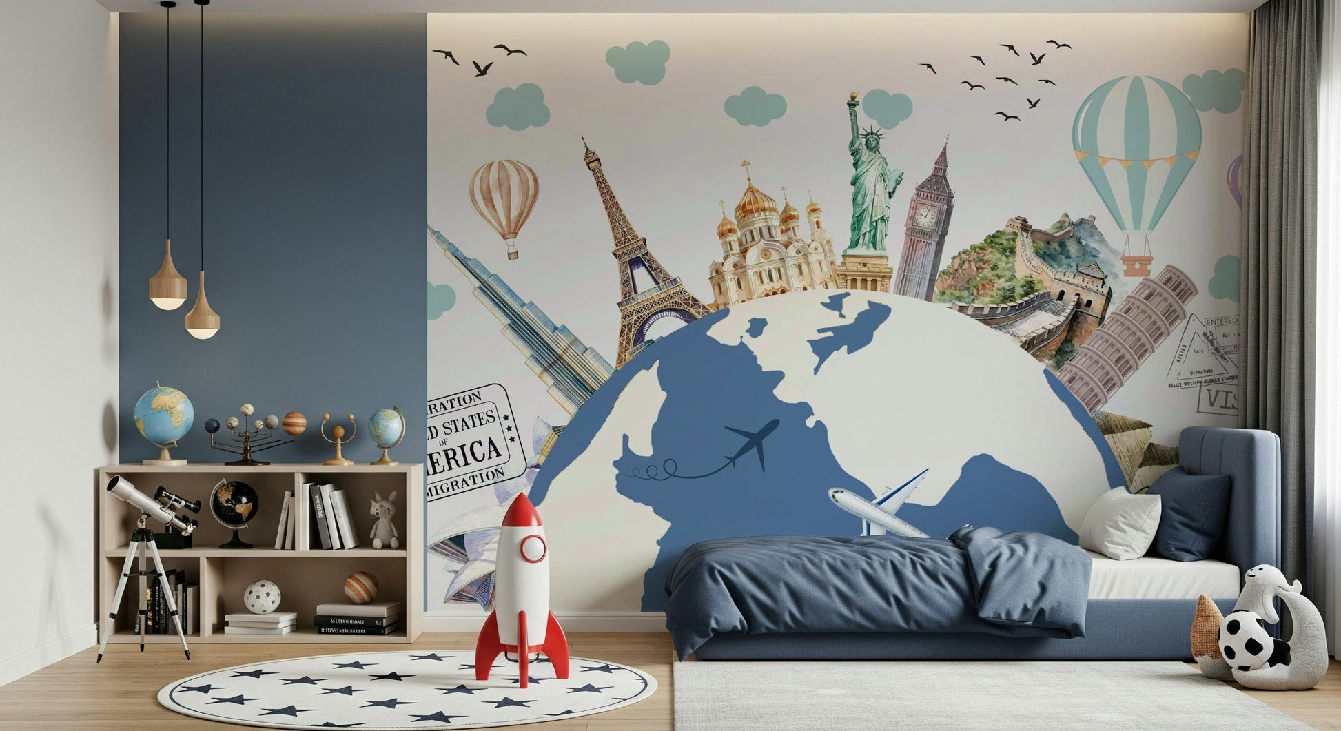 Travel themed wall mural in a guest bedroom with modern lighting.