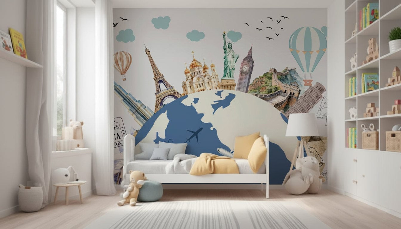World Tour Wall Mural featuring a vintage map in a modern home office.