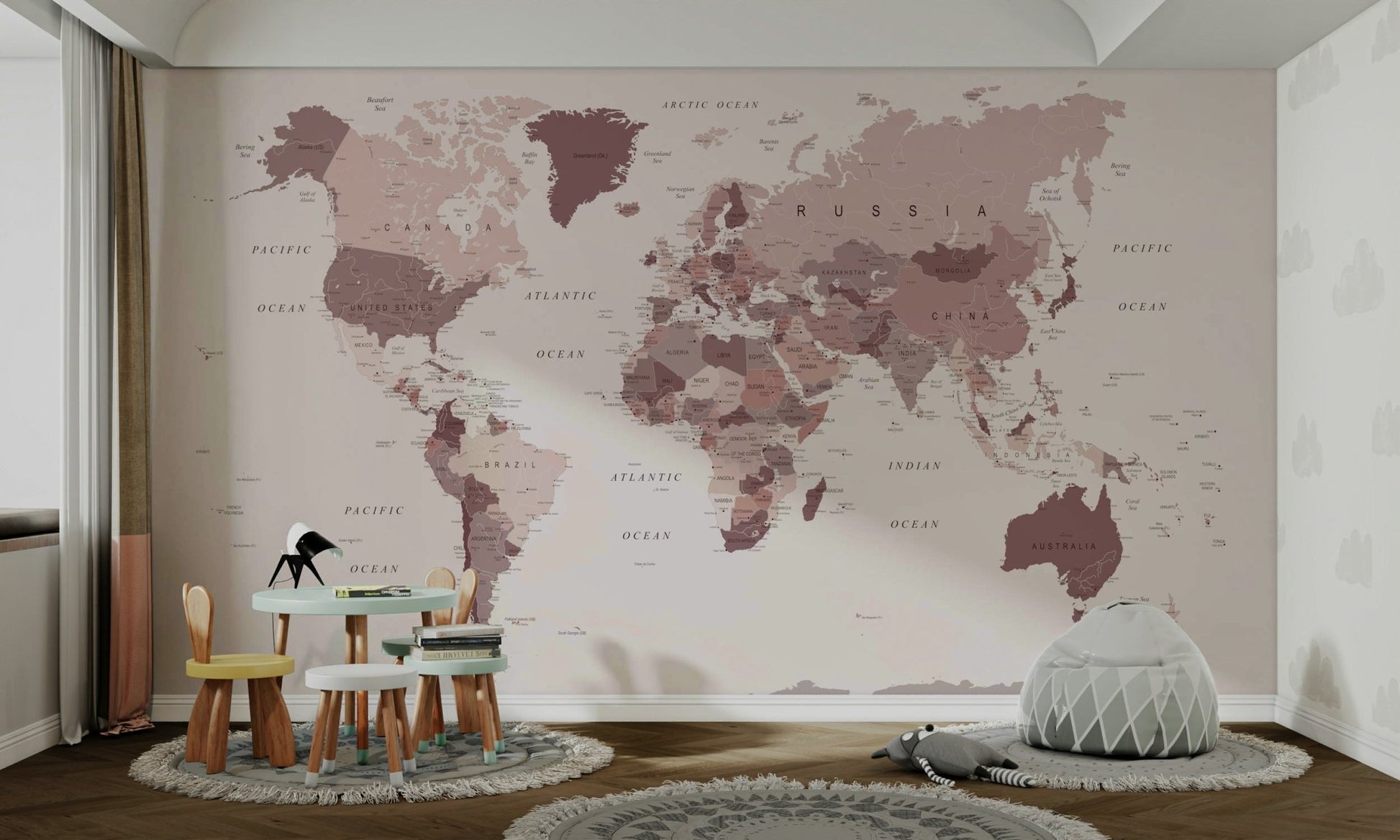 Blush pink cranberry world map mural

