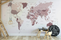 Stylish world map wallpaper in blush tones

