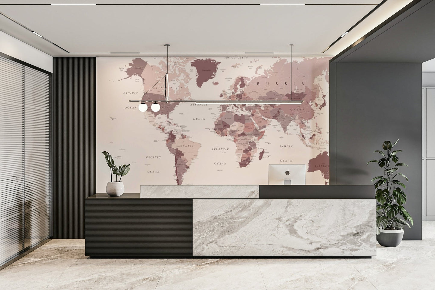 World map mural with cranberry details

