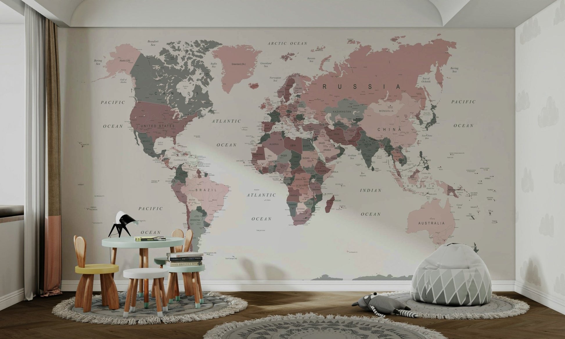 Blush tone world geography mural

