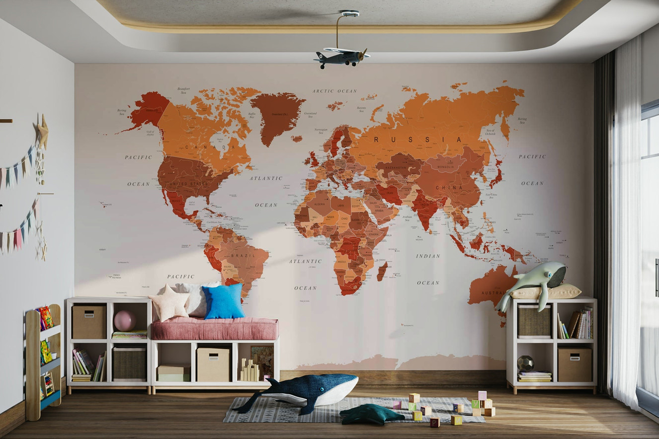 Burnt orange world map wall mural

