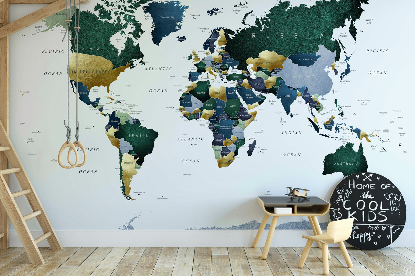 Geographical world map in soothing green and blue


