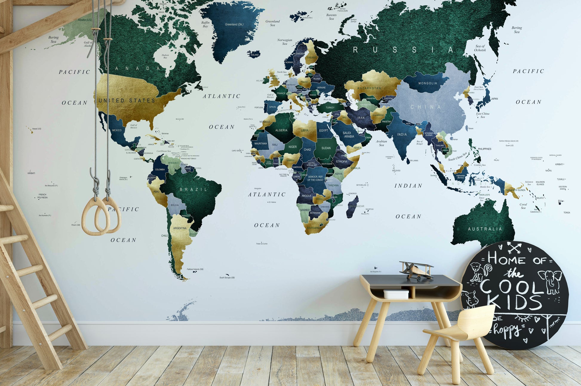 Geographical world map in soothing green and blue

