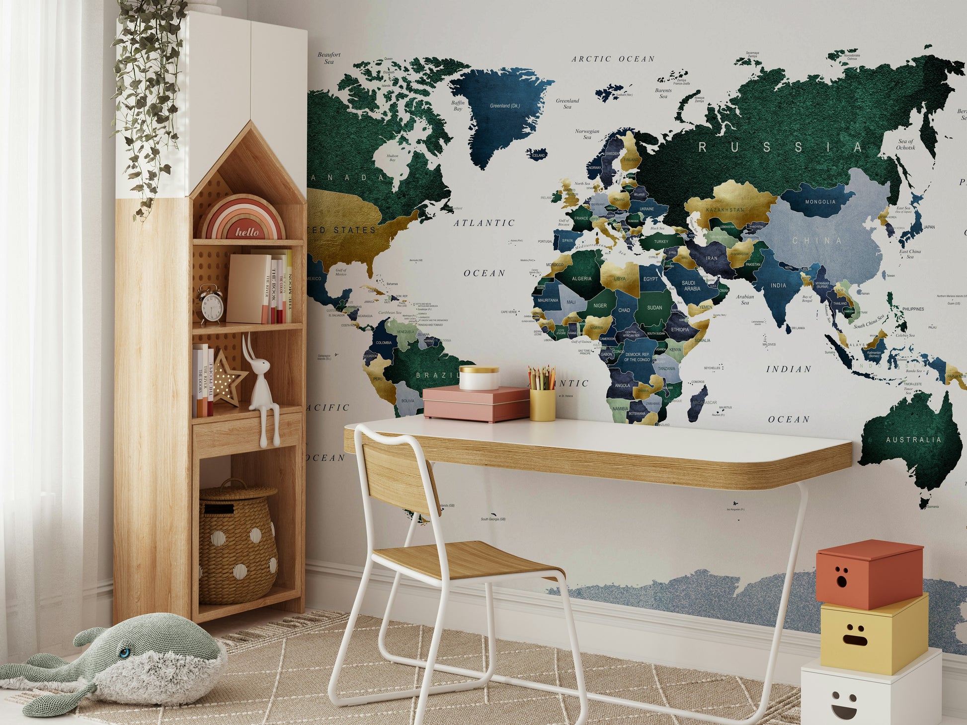Green and blue tones in detailed world map mural

