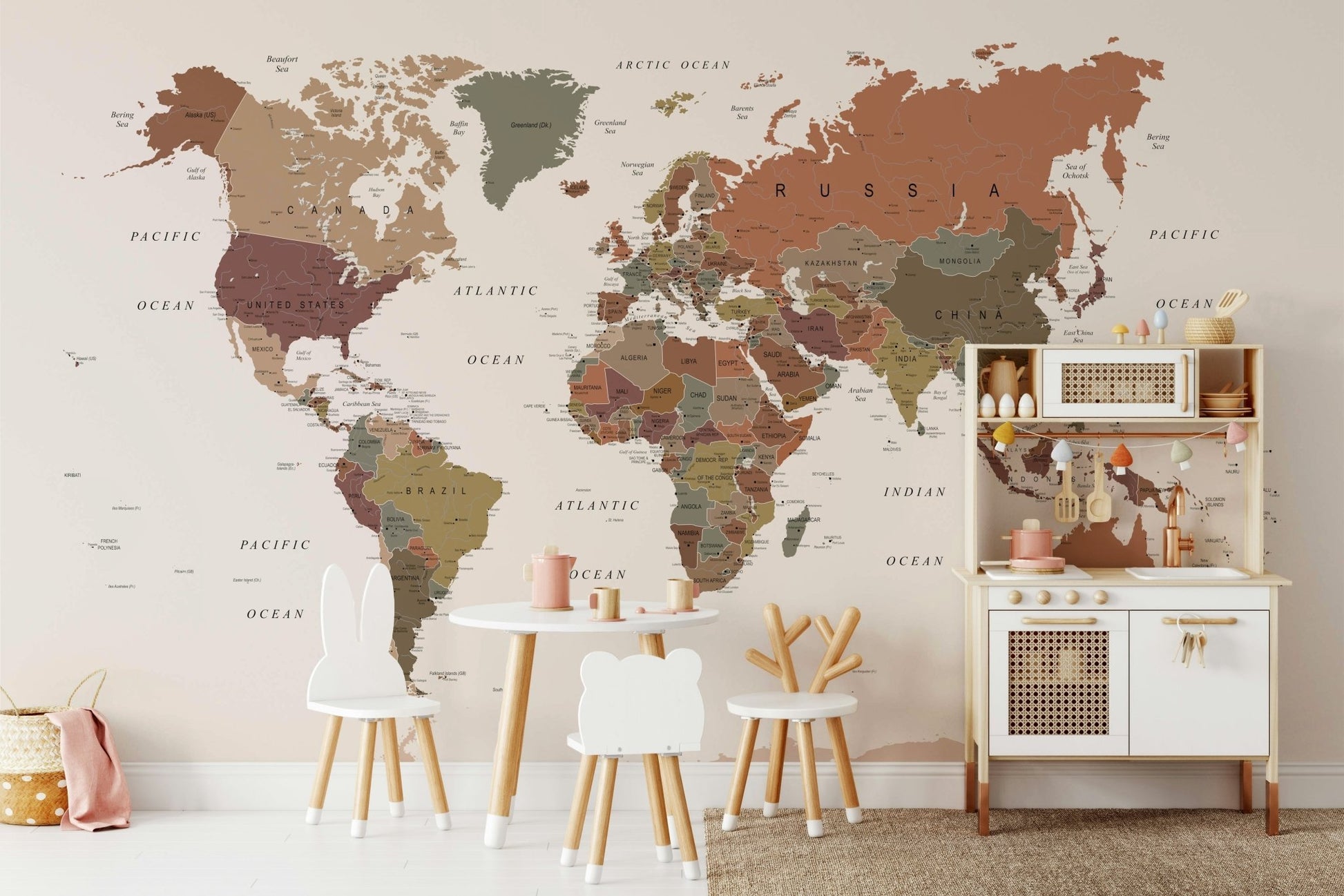 Earth tones world map mural


