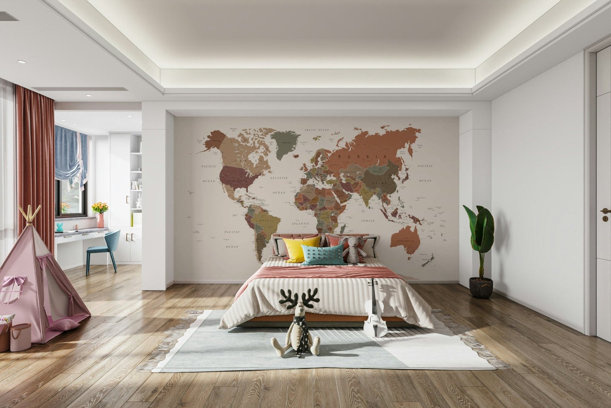 World map wall mural in rustic colors


