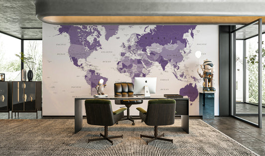 World map wall mural in rich purple tones

