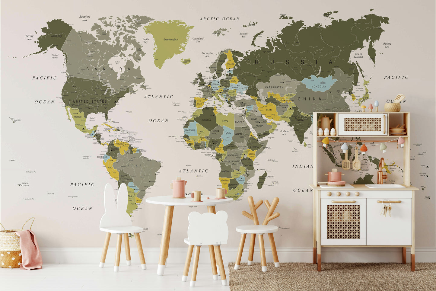 Subtle olive green world map wall mural

