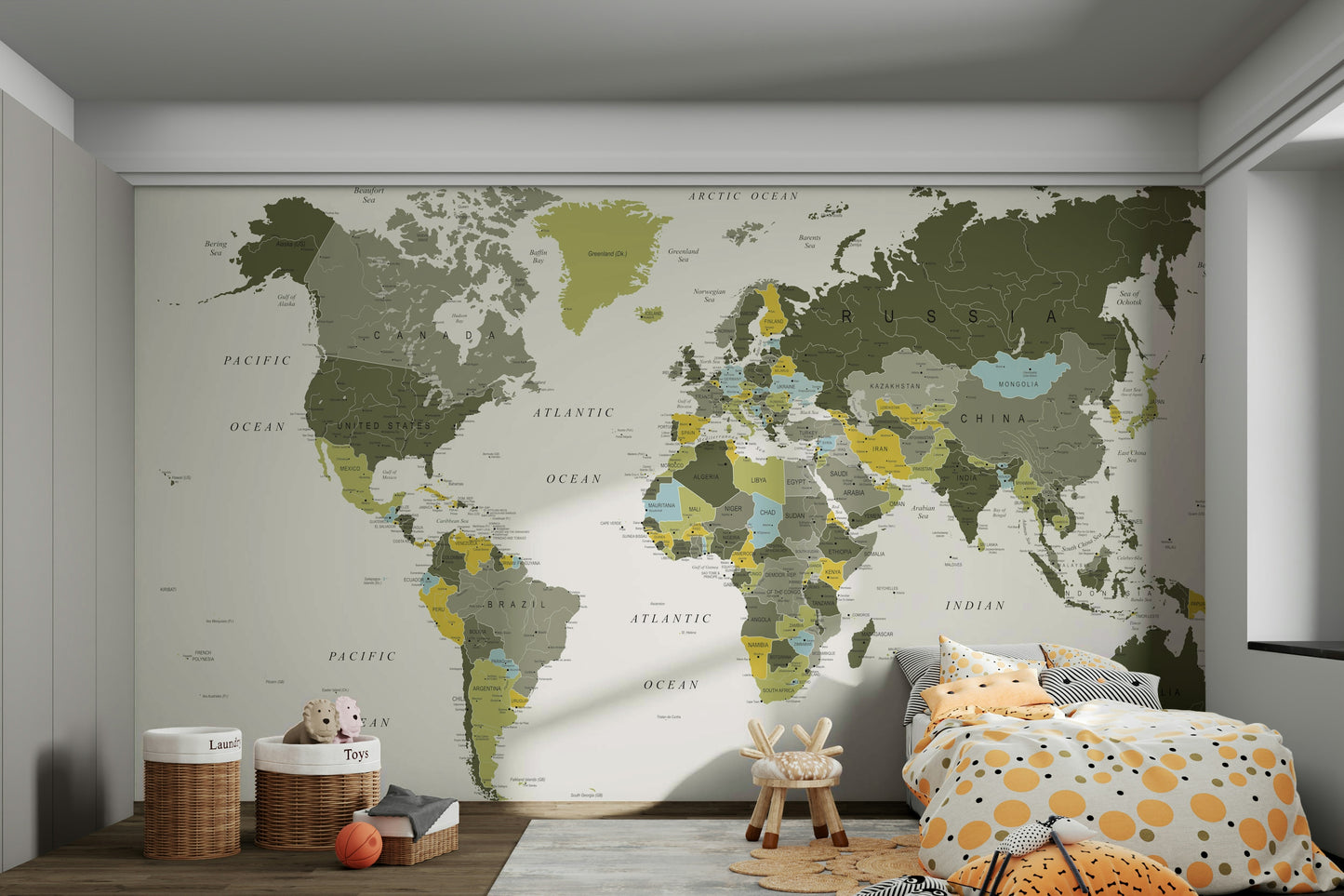 World Map Khaki Green Wall Mural