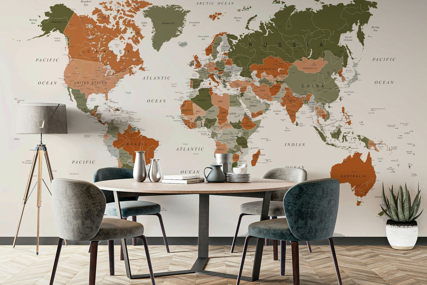 World Map Olive Green Wall Mural