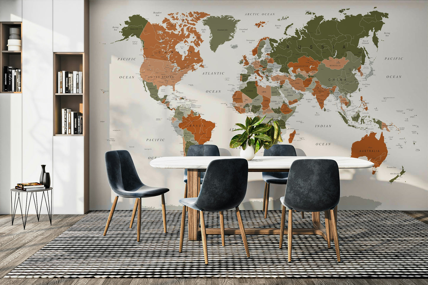 World Map Olive Green Wall Mural