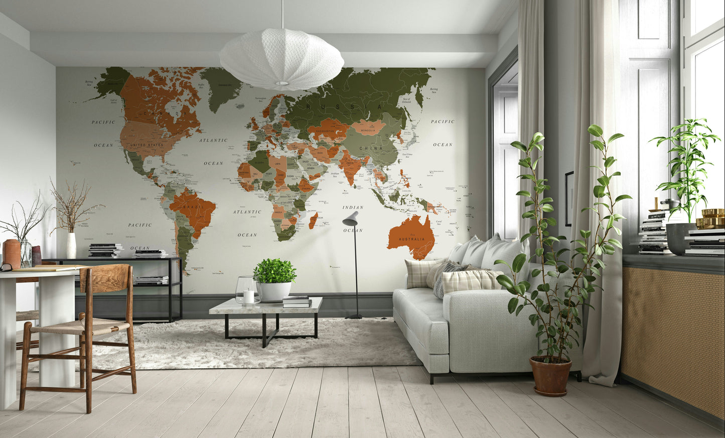 World Map Olive Green Wall Mural