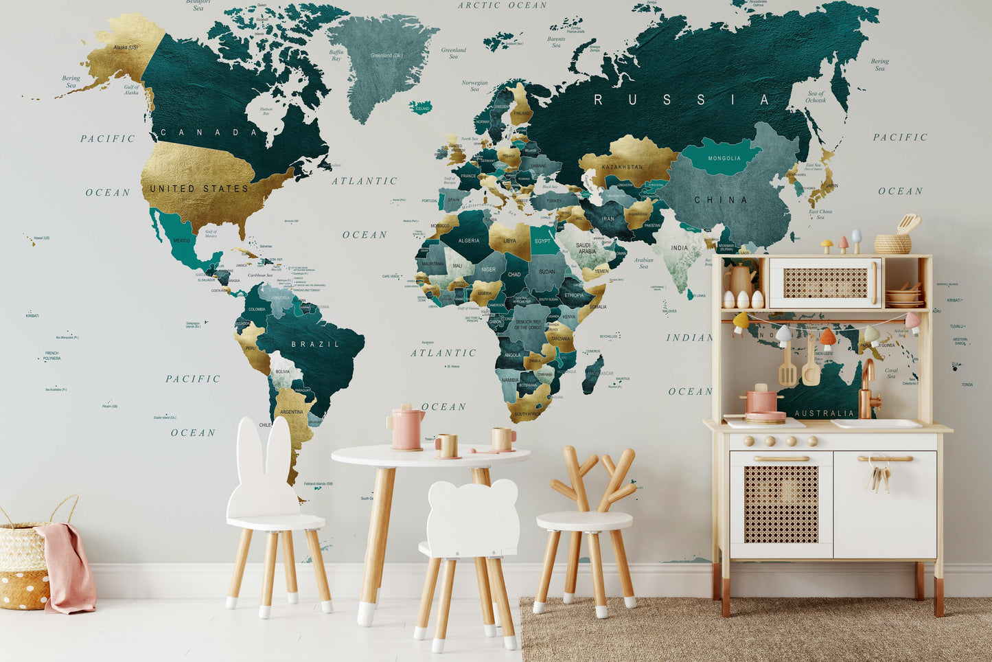 World Map Teal Gold Wall Mural