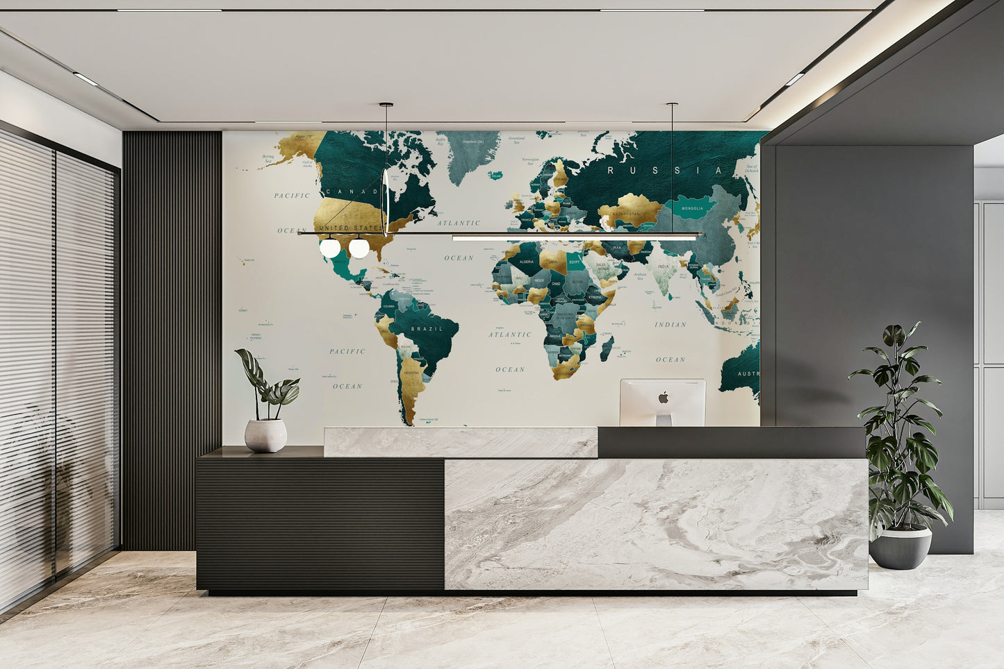 World Map Teal Gold Wall Mural