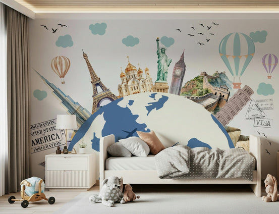 Educational world map wallpaper for a minimalist home school area.