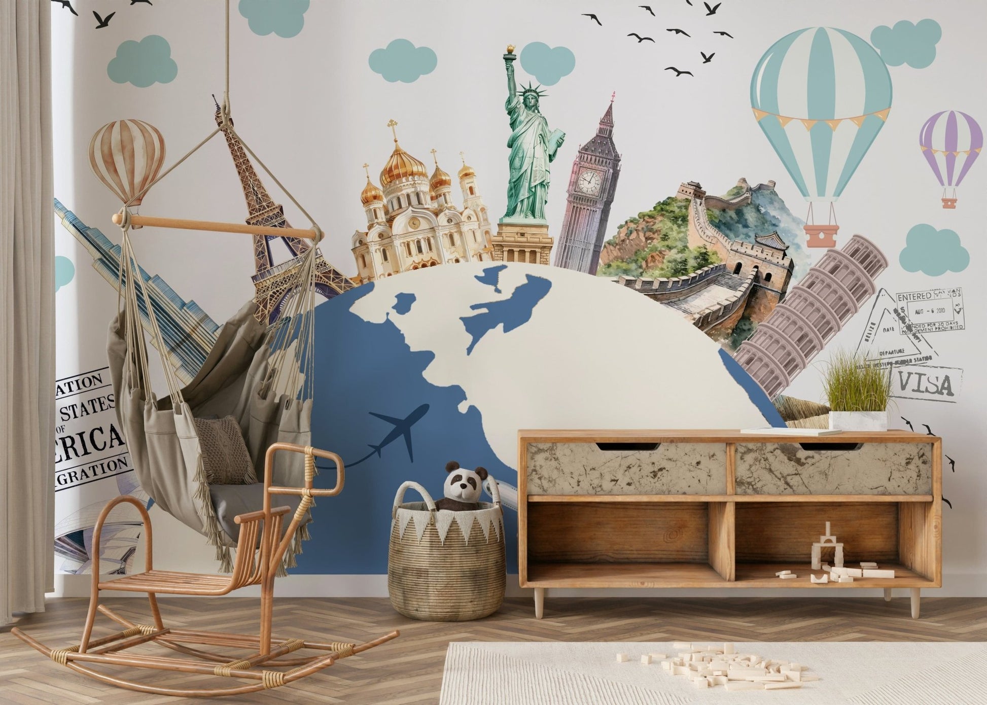 Vintage geography wall art for a sleek studio apartment workspace.