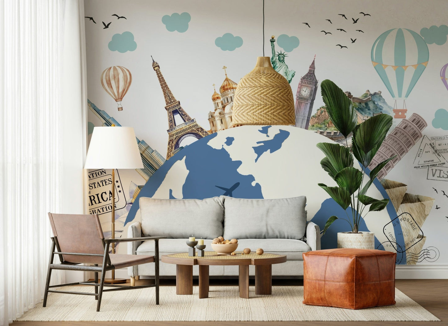 Close up of World Tour Wall Mural labels and antique style cartography.