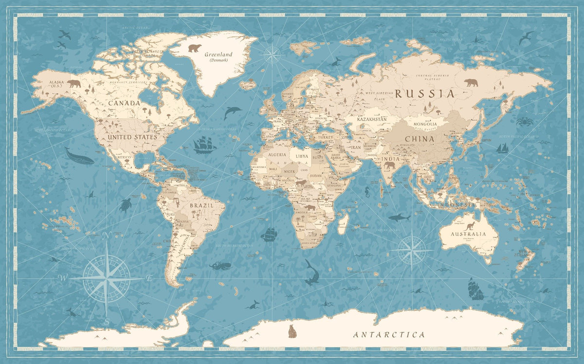 Vintage World Map Wallpaper Mural in your room — zoomed