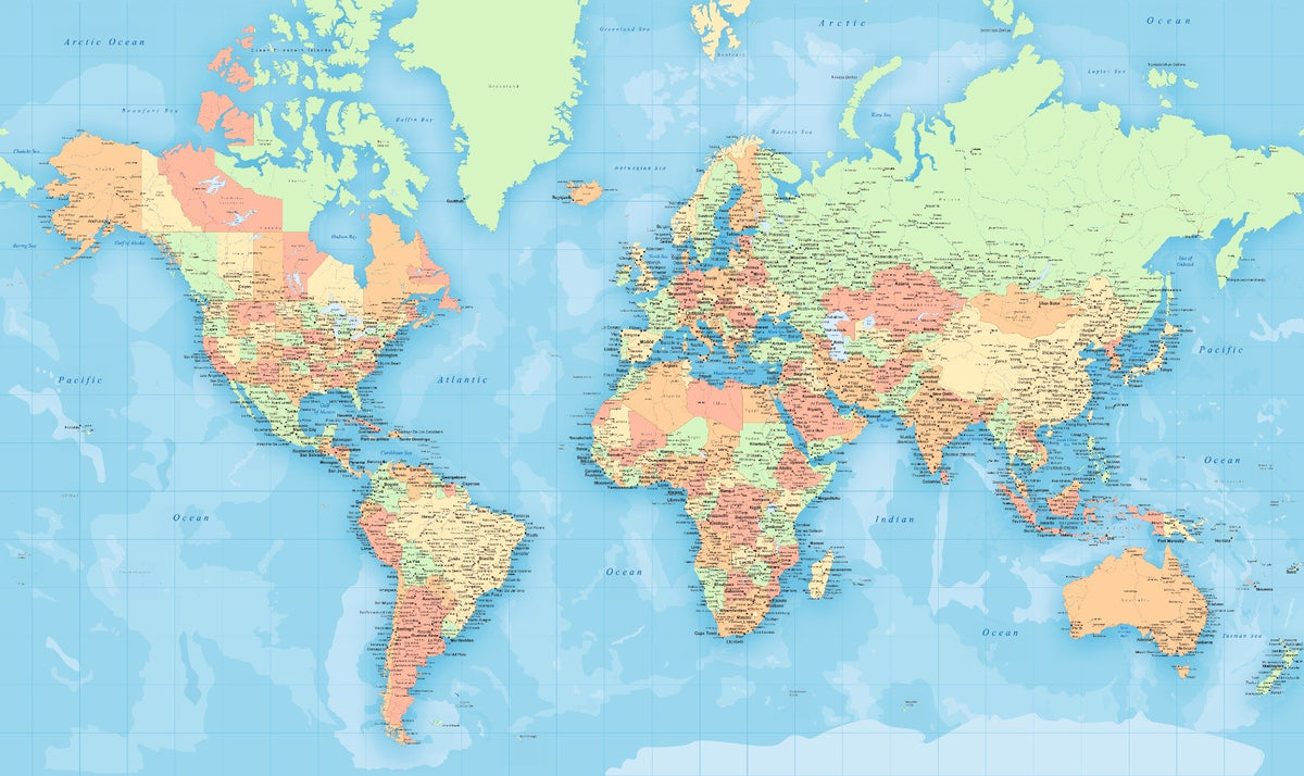 World Map Colourful Wallpaper Mural in your room