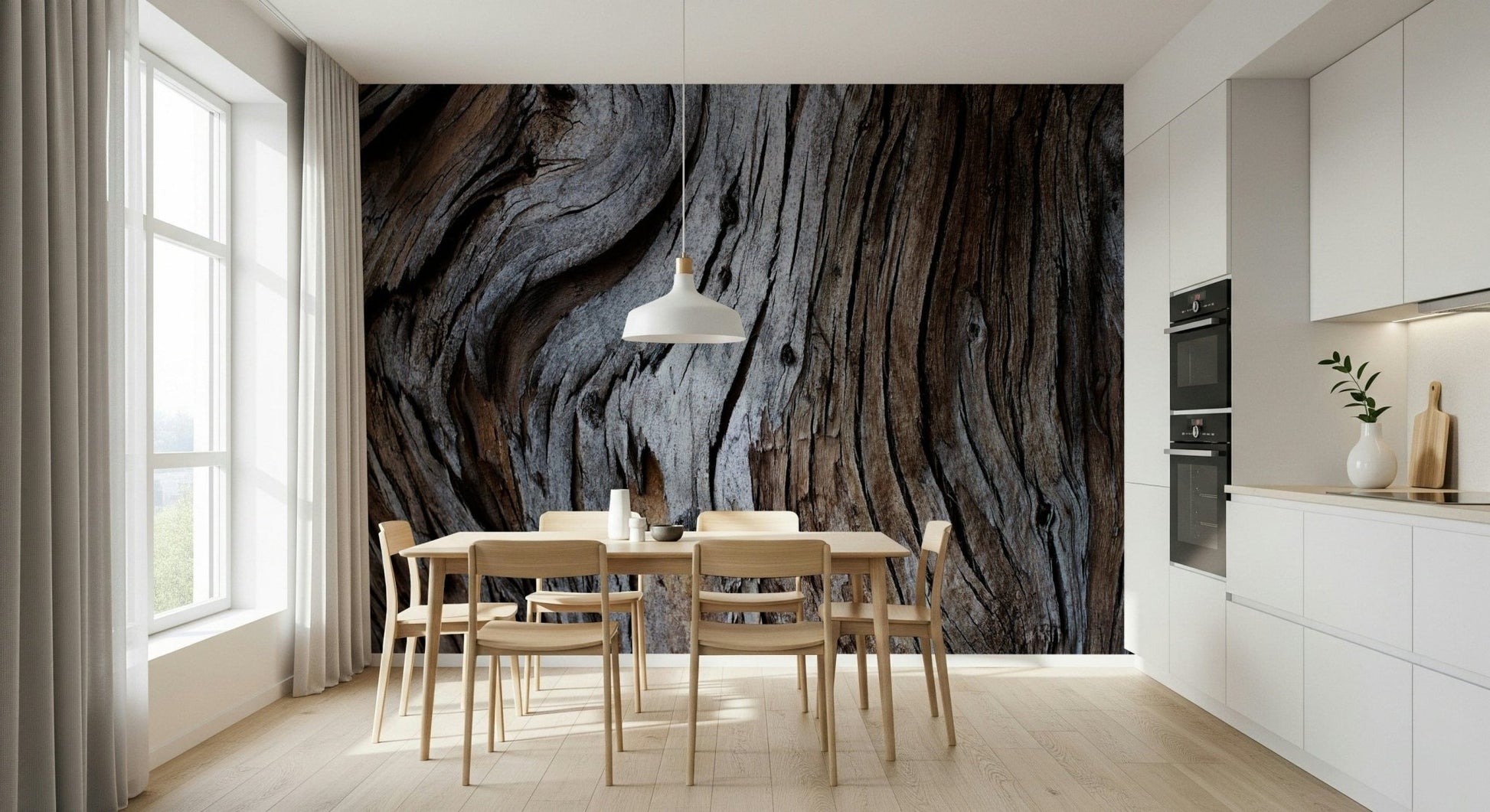 Rustic wood wallpaper mural with worn timber textures for lofts, offices, or feature walls.