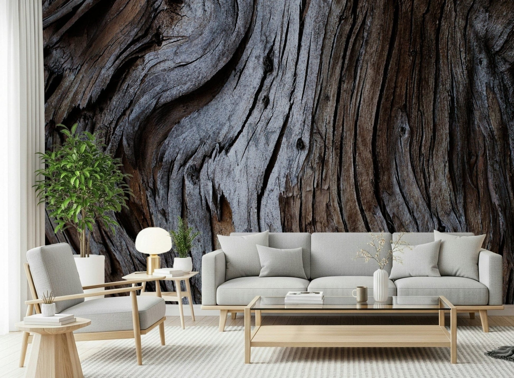 Worn Timber wallpaper mural combining natural wood grains and weathered surfaces for authentic rustic appeal.