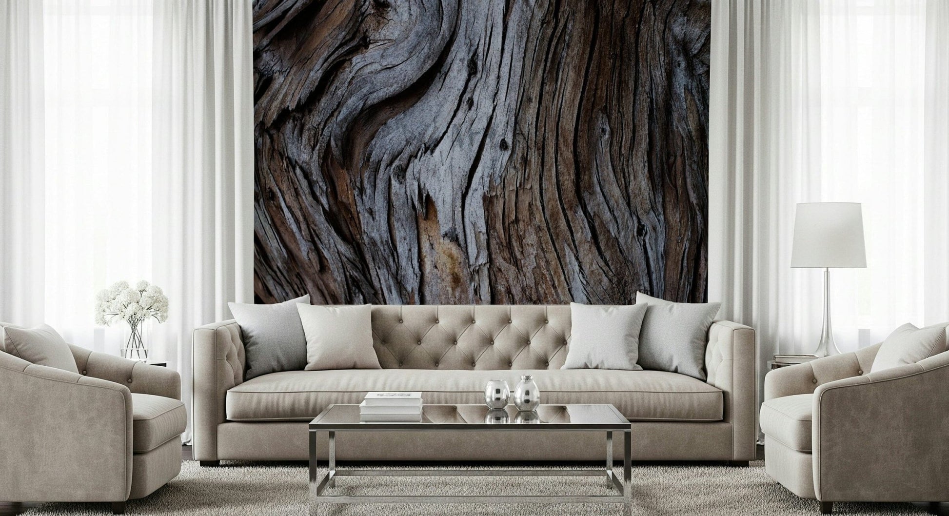 Wall mural with aged wooden textures and warm earthy tones creating a grounding, rustic feel.