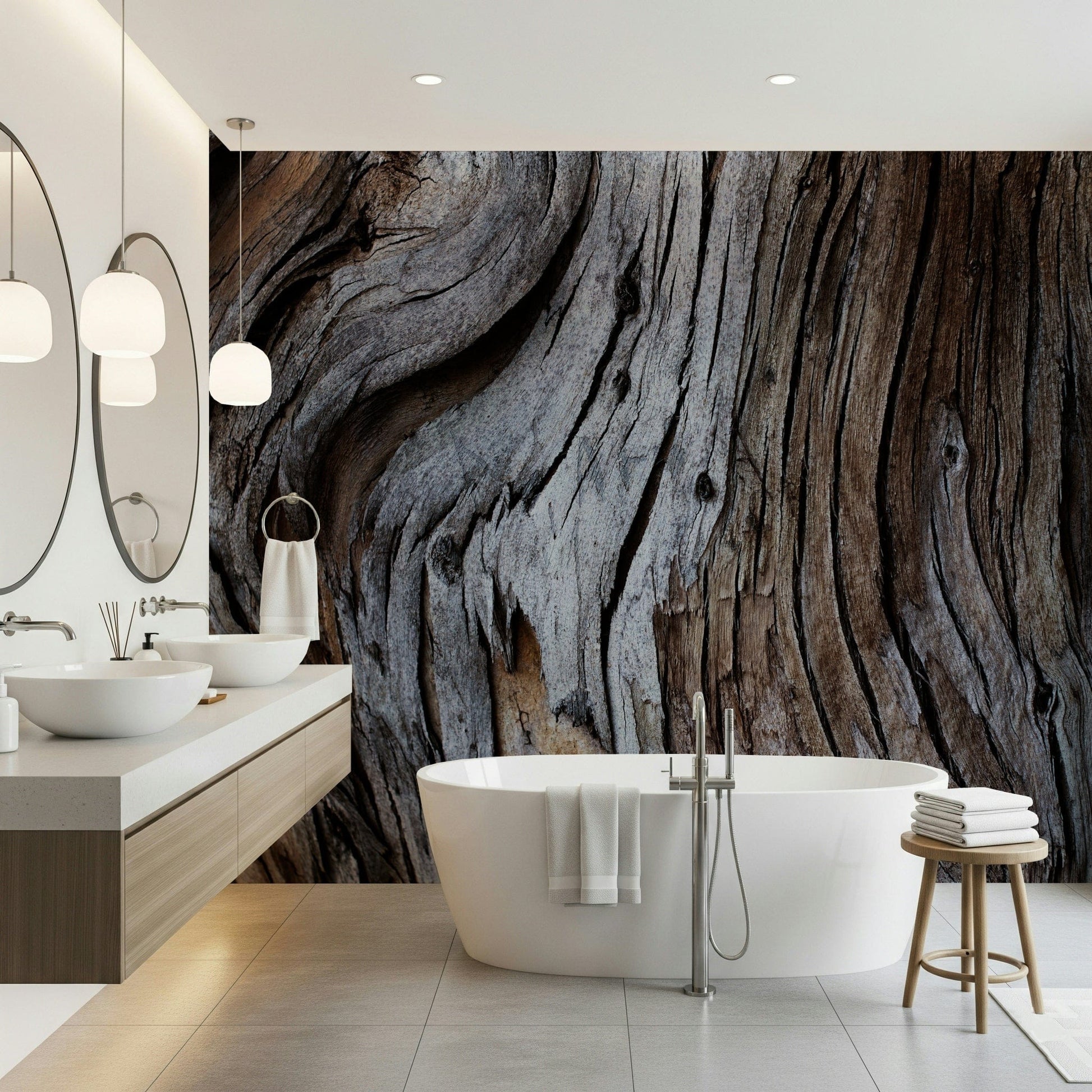 Textured wall mural with aged timber panels adding character and vintage charm to living spaces.