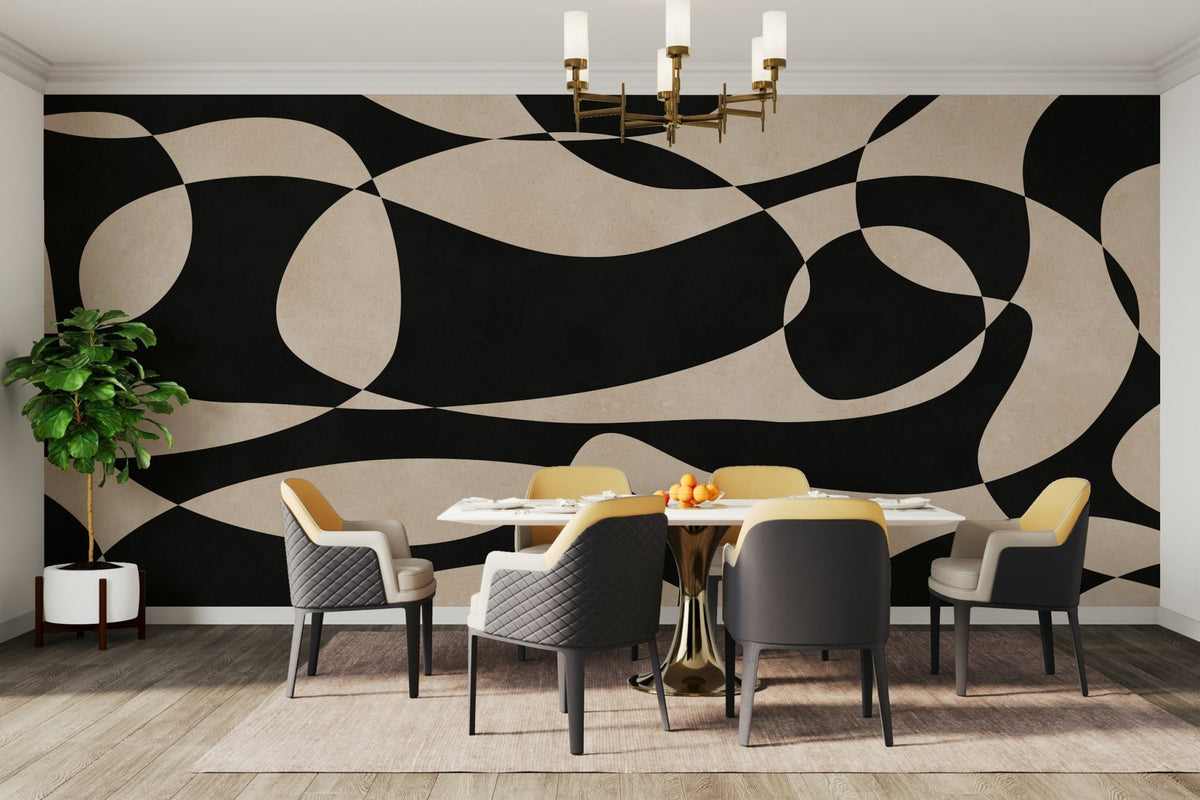 The image shows a full wall with a repeating design of gentle, woven arcs.

