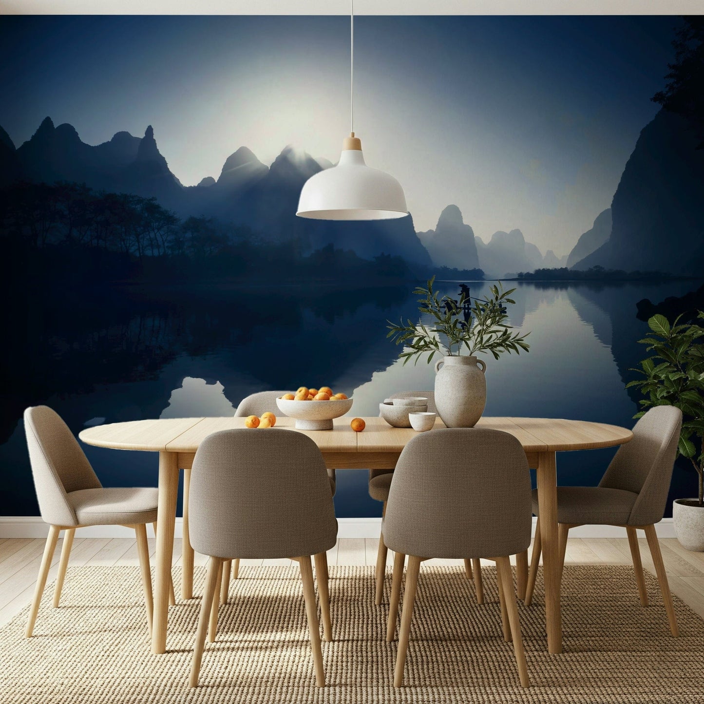 Serene Dawn Yangshuo's Whisper Wall Mural in a minimalist guest bedroom.