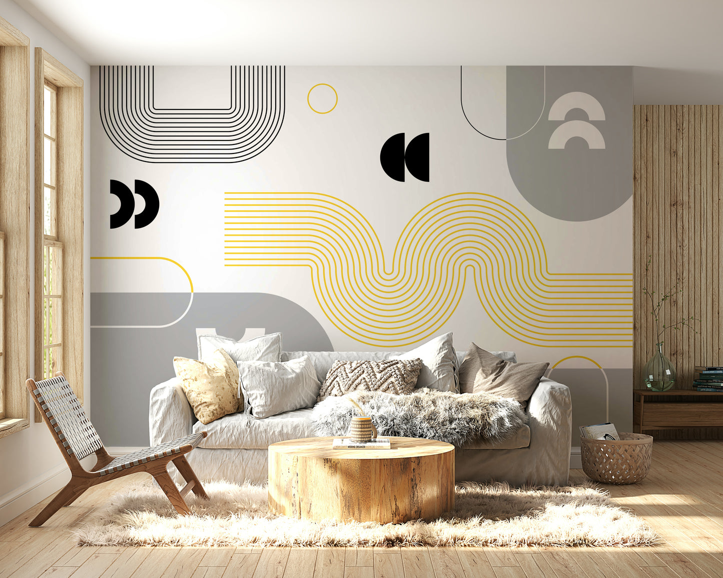 Stylish Geometric Wall Mural in Yellow Gray

