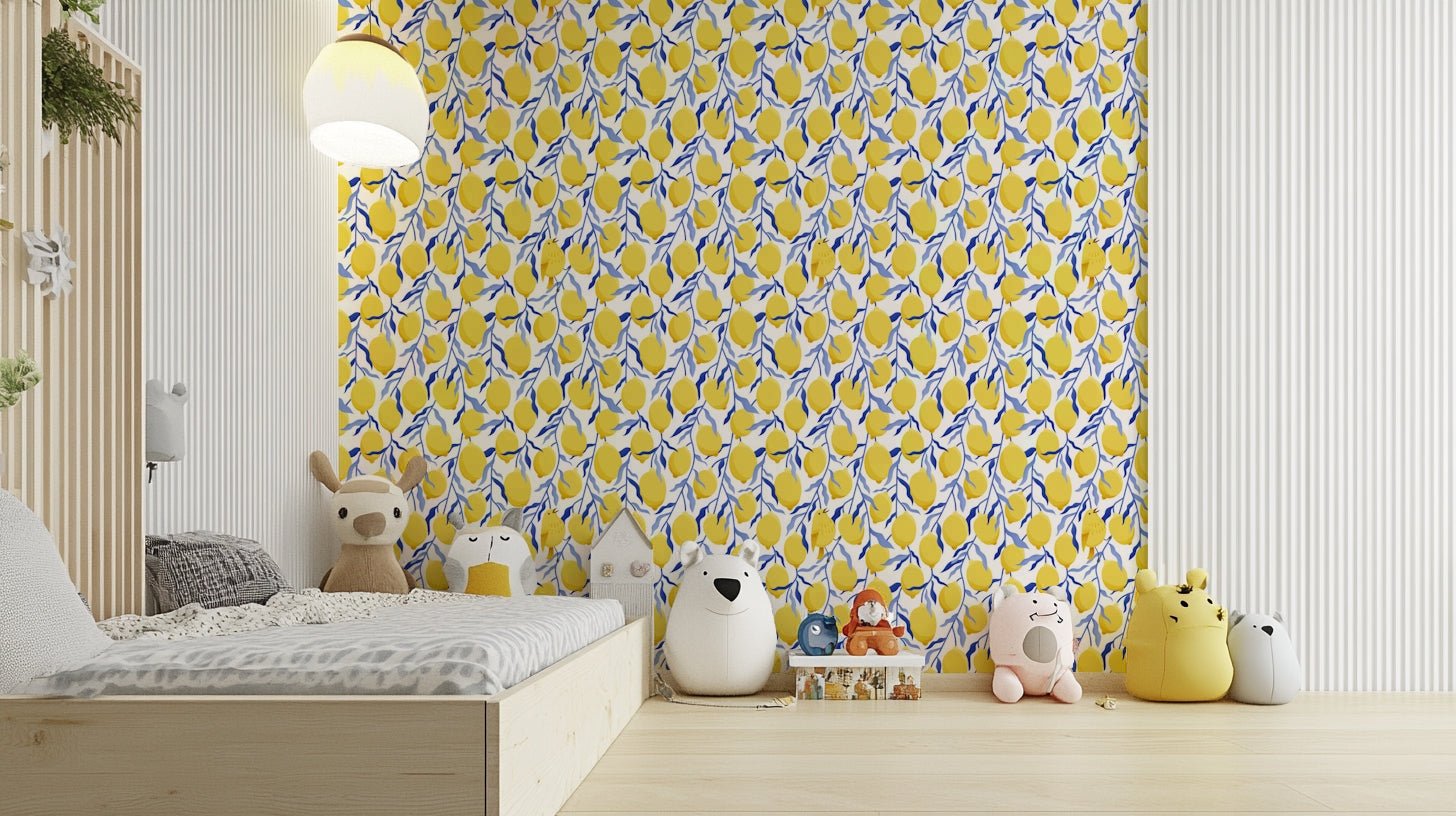 Lemon tree mural with perched bird

