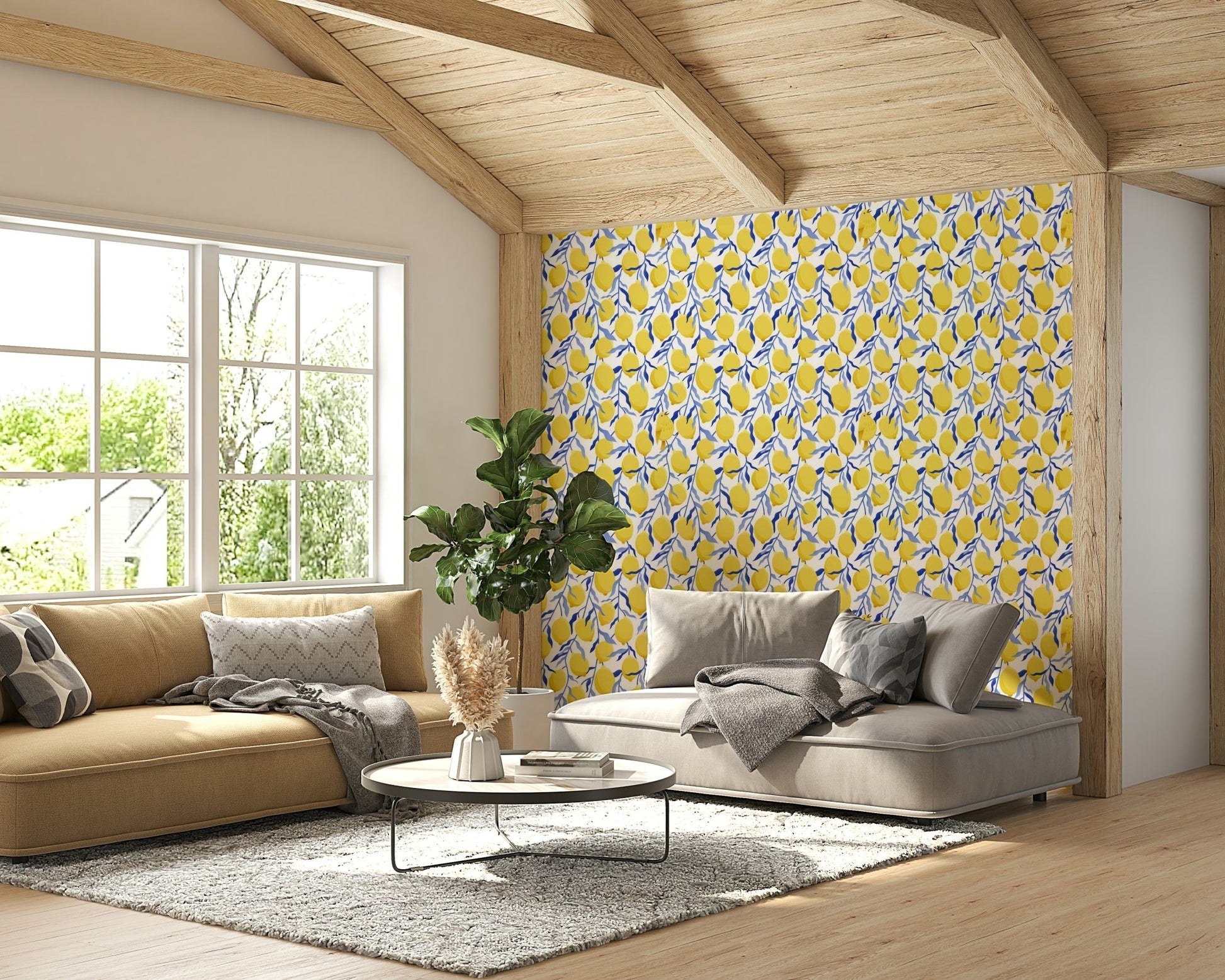 Lemons and bird wallpaper for walls

