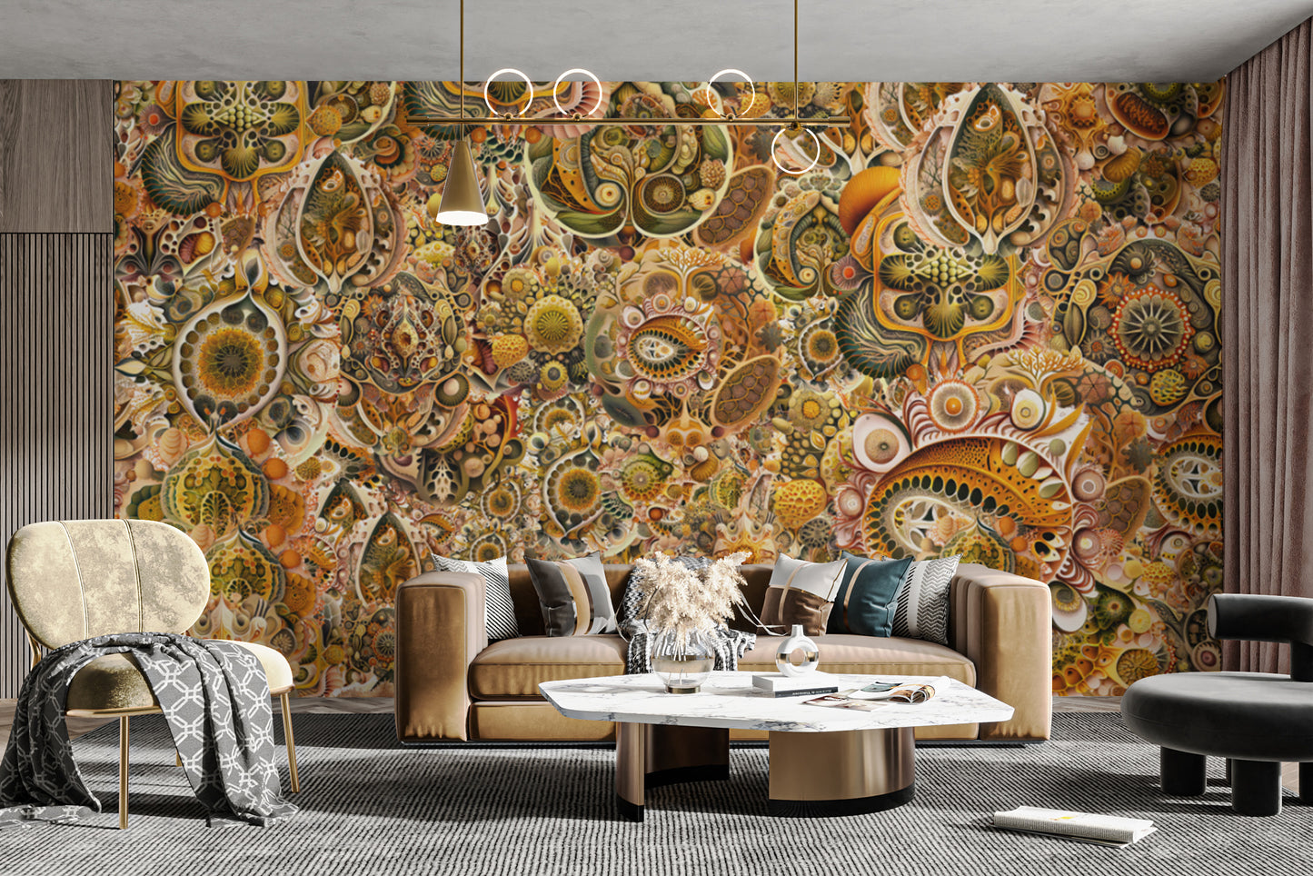 Yellow Brown Abstract Haeckel wallpaper mural styled along a hallway feature wall near a console in yellow tones