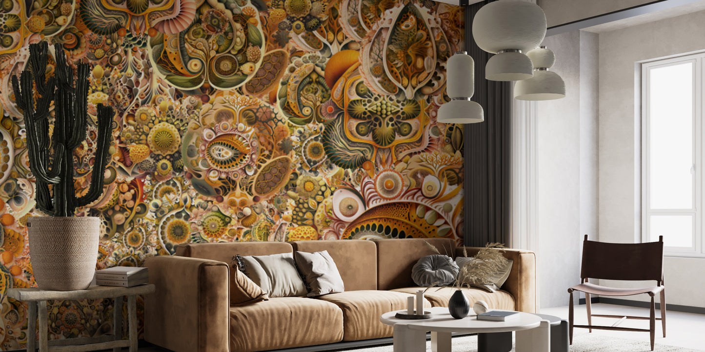 Yellow Brown Abstract Haeckel wallpaper mural as a feature wall in a home office workspace in yellow tones