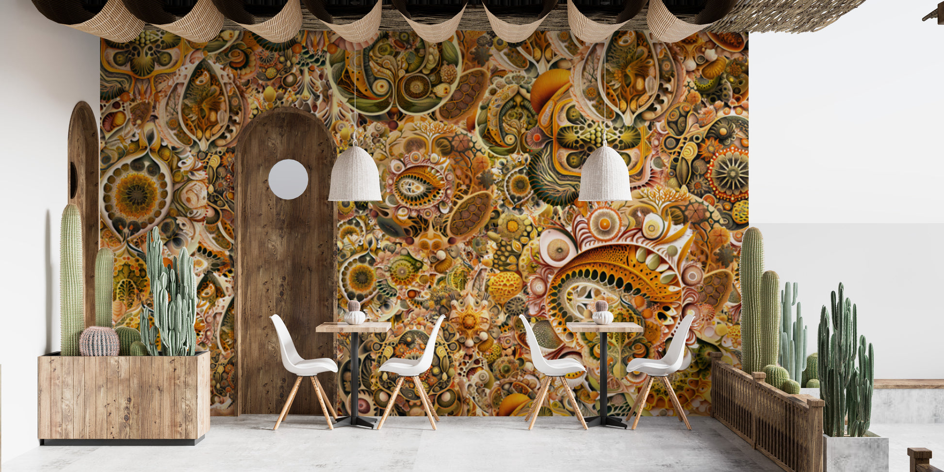 Yellow Brown Abstract Haeckel wallpaper mural styled as a feature wall behind a dining table and chairs in yellow tones